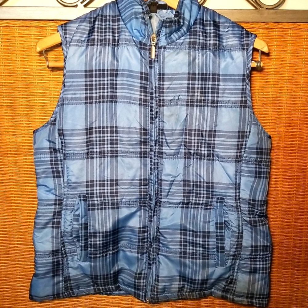 Quilted Blue vest,gingham print, women's .